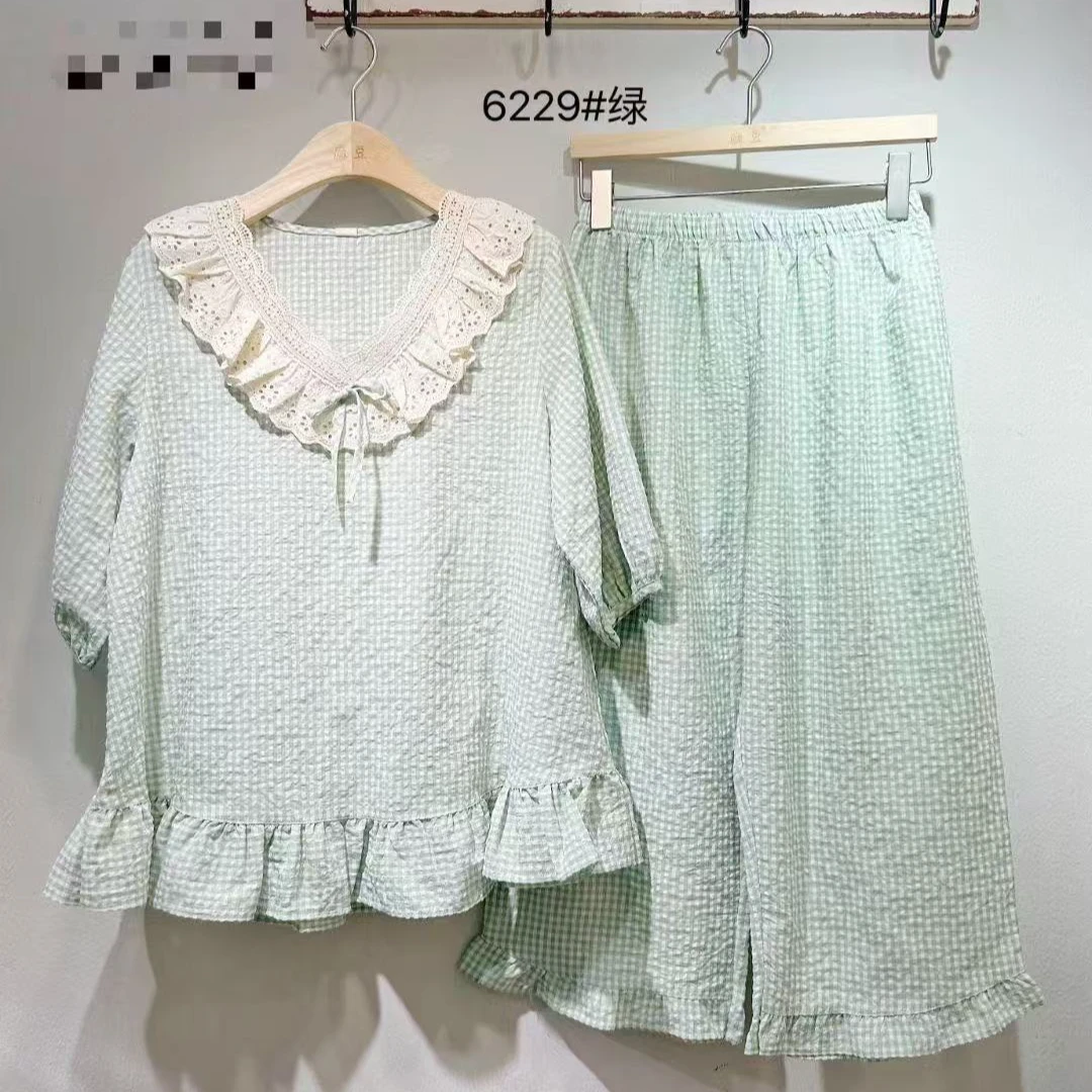 别出新裁6229格子家居服套装   上衣长66裤长78