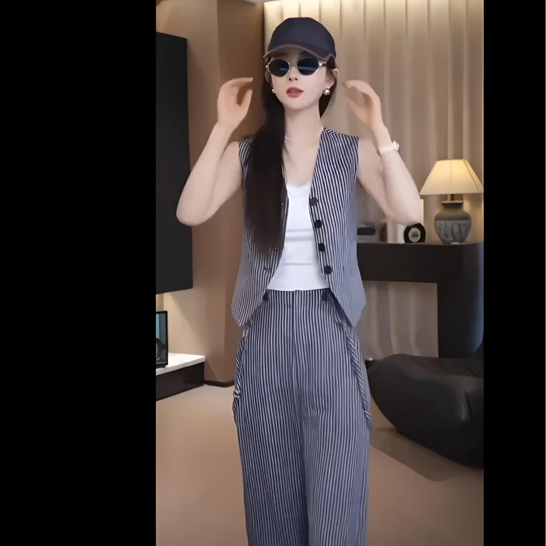 2025欧货时尚套装春夏季竖条纹马甲高腰甜美可爱纯欲慵懒风女装