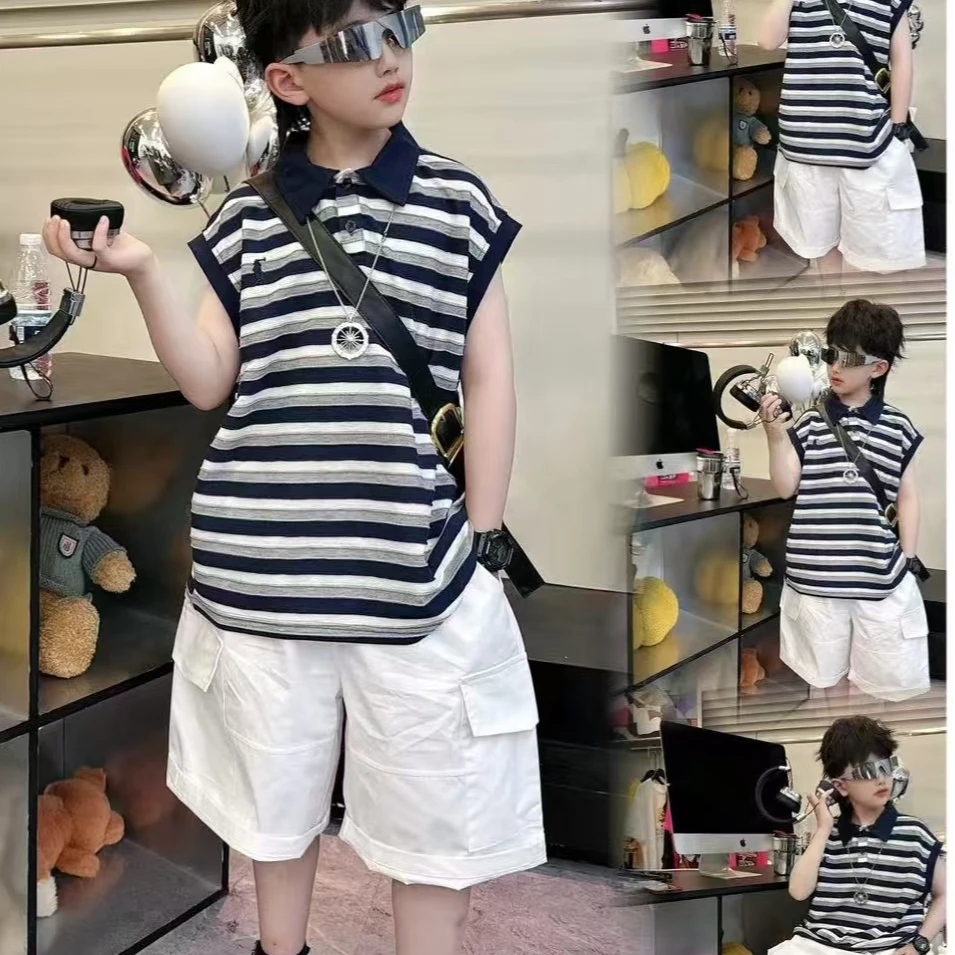 夏日松弛感~2025新款中大童洋气无袖Polo衫两件套炸街时尚风00119