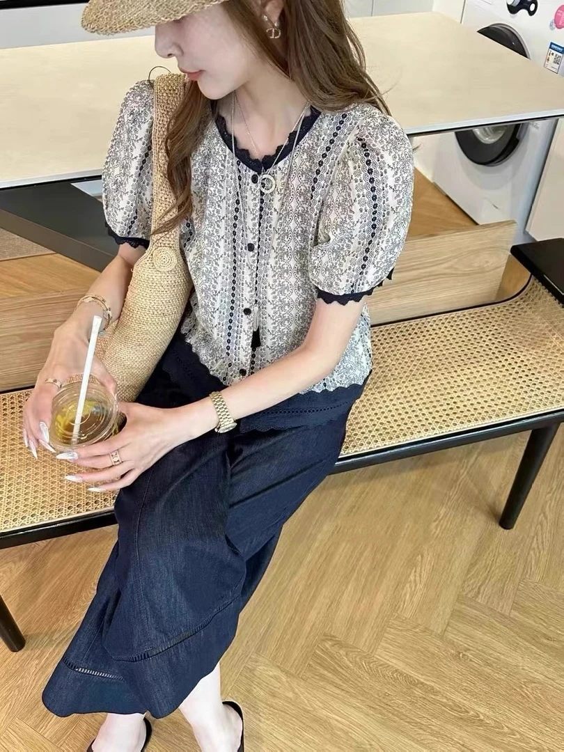 2025法式碎花短袖衬衫宽松显瘦上衣夏季新款复古文艺泡泡袖衬衣女