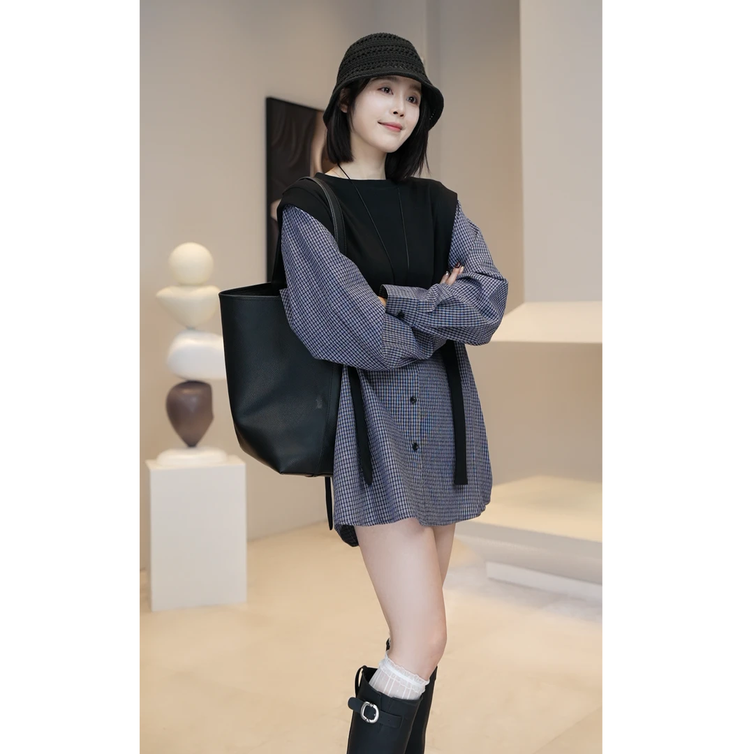【YUE YUE】韩国高级感假两件格子衬衫裙2025早春新款W977