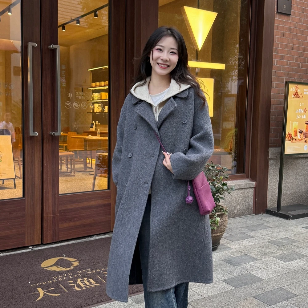 艾格2025秋冬新款真两件双层加厚羊毛大衣休闲慵懒韩系穿搭29228