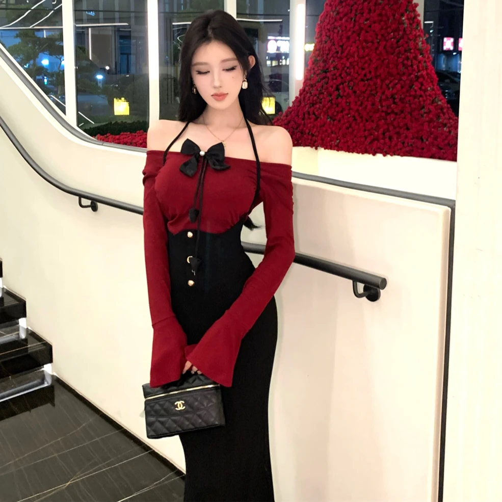 名媛气质复古喇叭袖T恤上衣+性感御姐挂脖收腰包臀鱼尾连衣裙套装