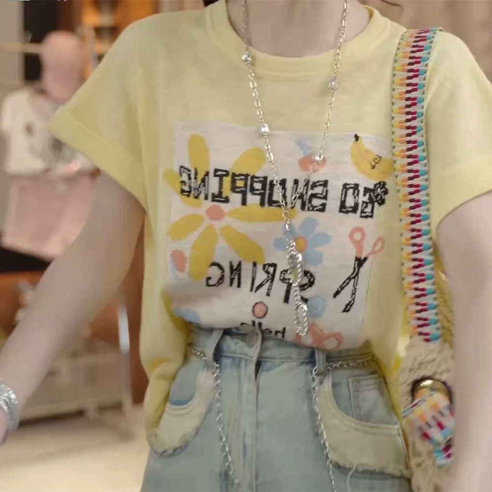 夏季薄款半袖休闲圆领卡通针织T恤