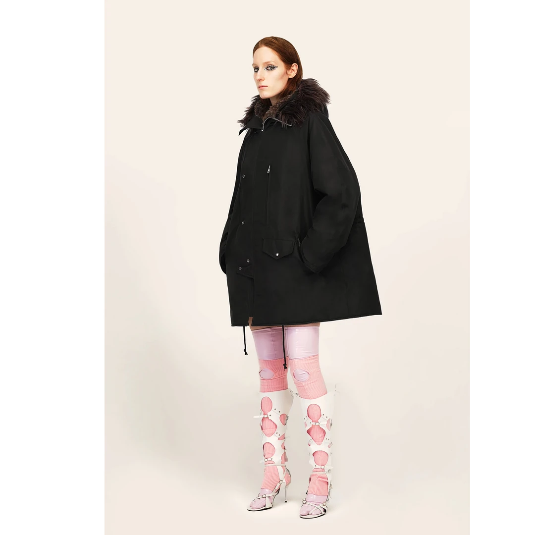 陈列品微瑕TRINITE  黑色军绿色环保皮草毛领派克大衣