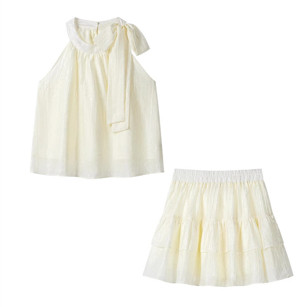 现现【鎏金岁月】法式粉色绑带挂脖背心蛋糕半身裙套装两件套85386