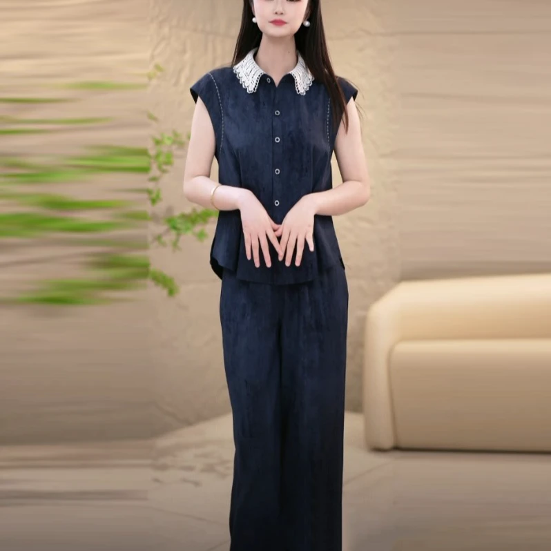 冰丝麻时尚直筒裤套装2025夏季新款精致洋气收腰宽松显瘦两件套装