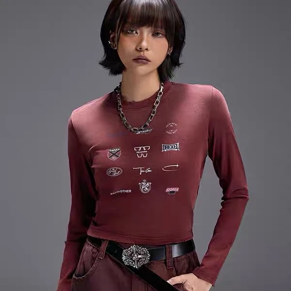 拓谷美式紧身辣妹短款长袖T恤女早秋做旧上衣显瘦跳舞内搭打底衫