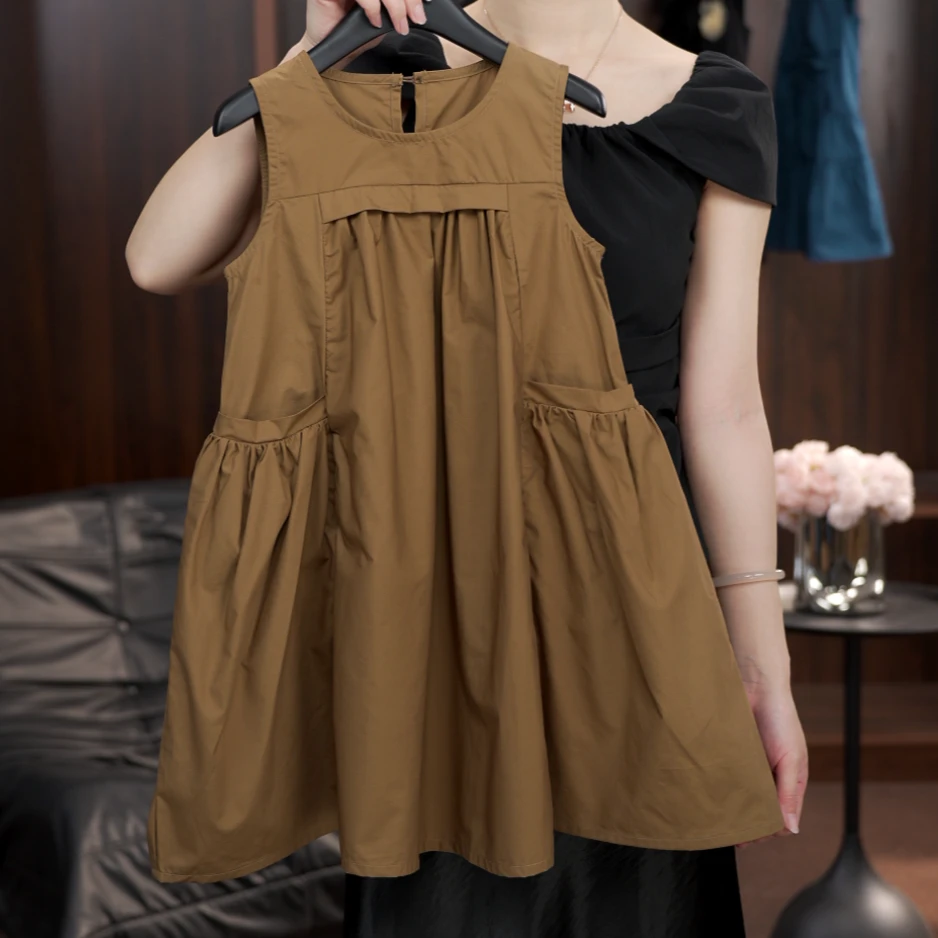 【1%】2025夏季纯棉休闲连衣裙宽松文艺少女复古纯色无袖薄款女童