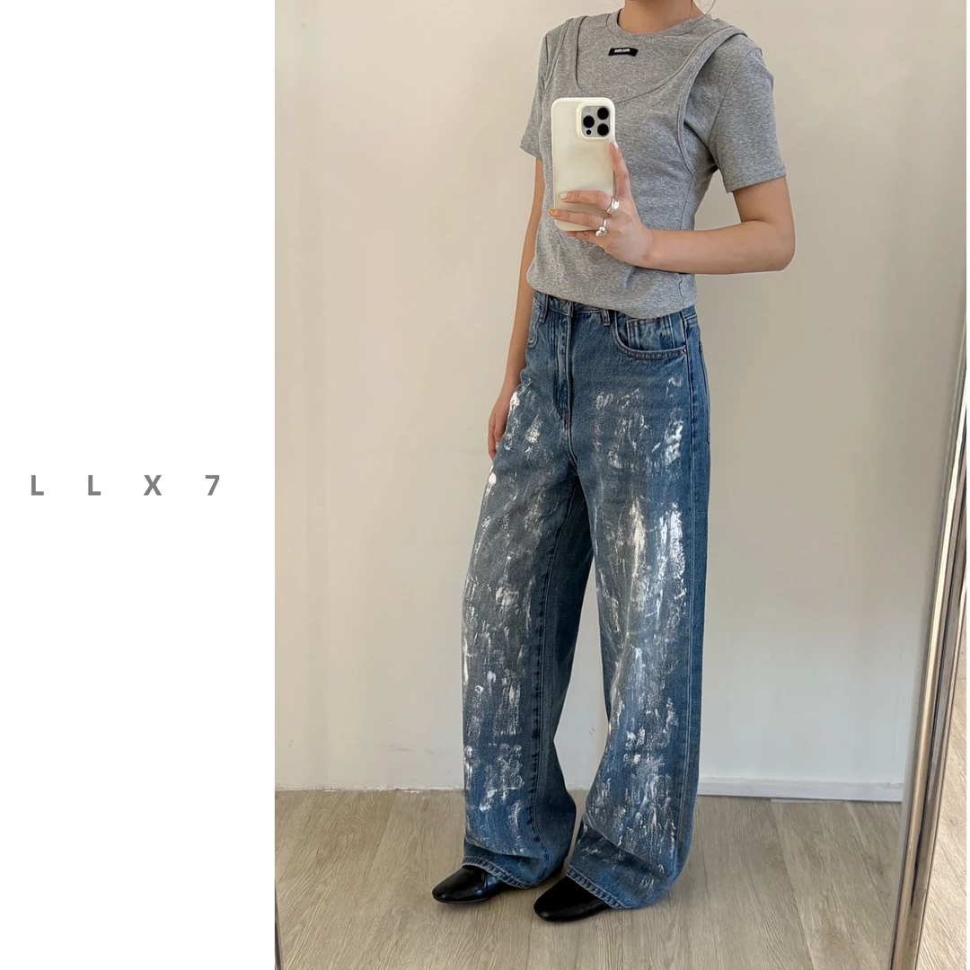 LLX2025新款手绘脏脏裤直筒牛仔裤宽松百搭休闲女士拖地长裤
