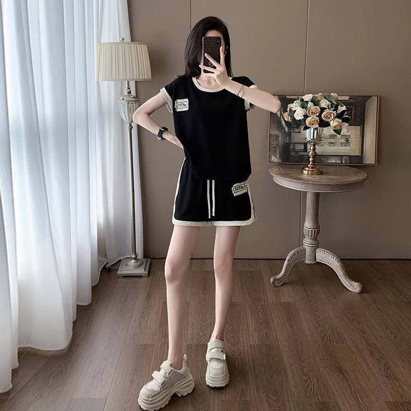 欧货黑色休闲运动套装女夏顺短袖上衣阔腿短裤宽松百搭时尚两件套