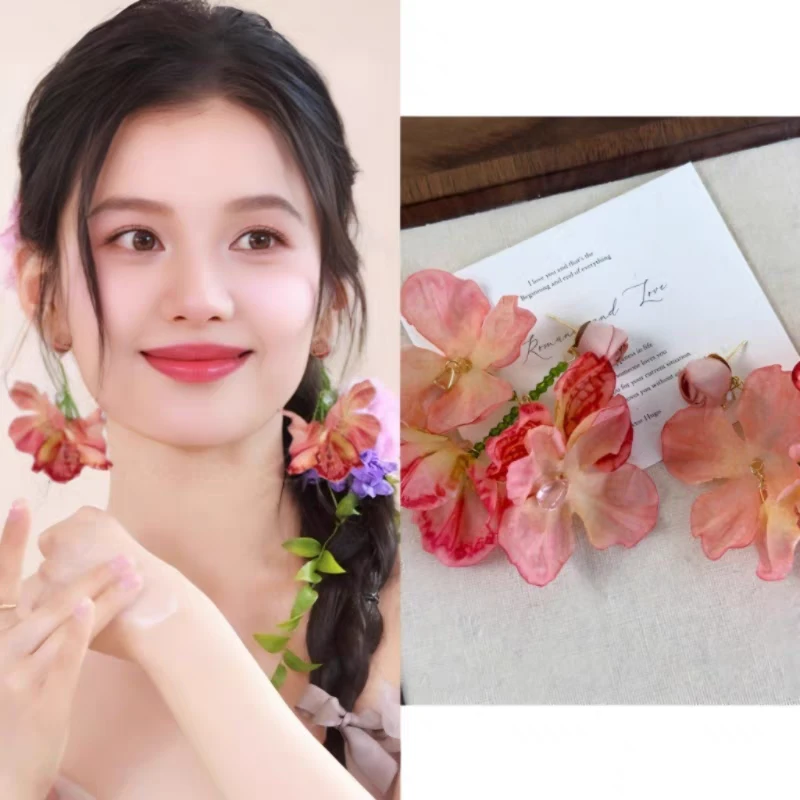 铜合金耳饰 粉色花朵耳饰旅游度假耳环耳钉耳夹耳坠