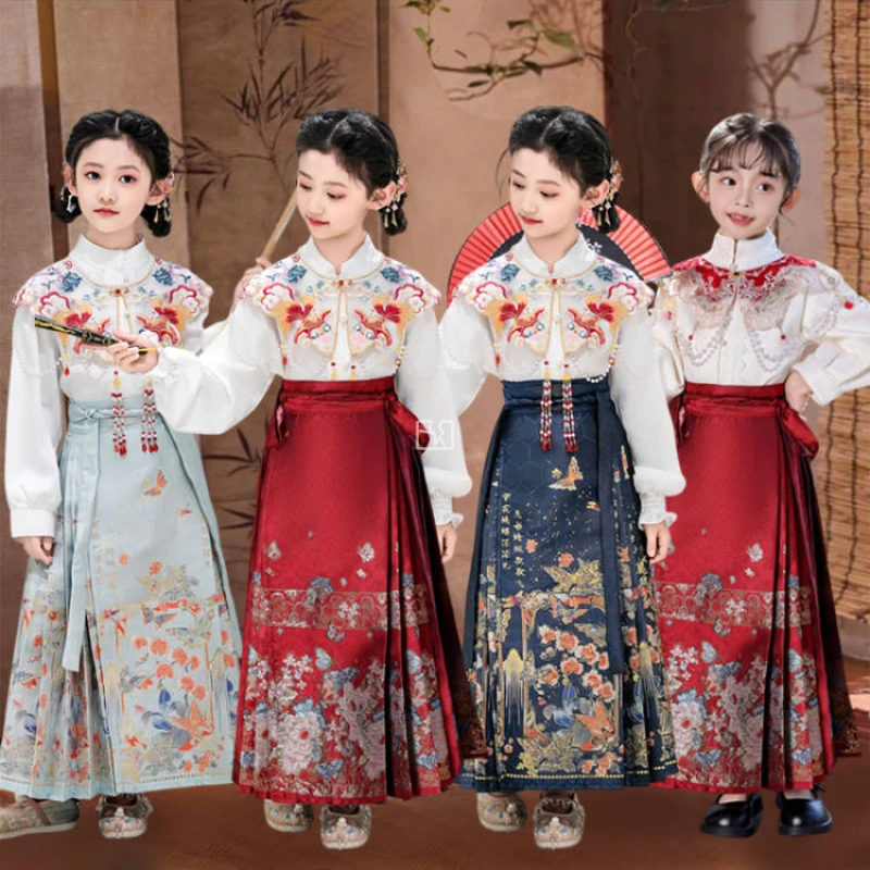 织金秋冬女童加绒加厚马面裙套装新款国风唐装6到12岁宝宝拜年服