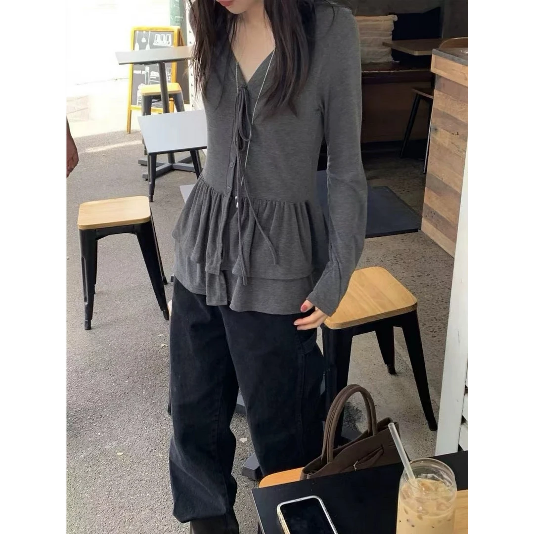 韩版小众设计个性系带双层下摆拼接休闲百搭长袖上衣A3820