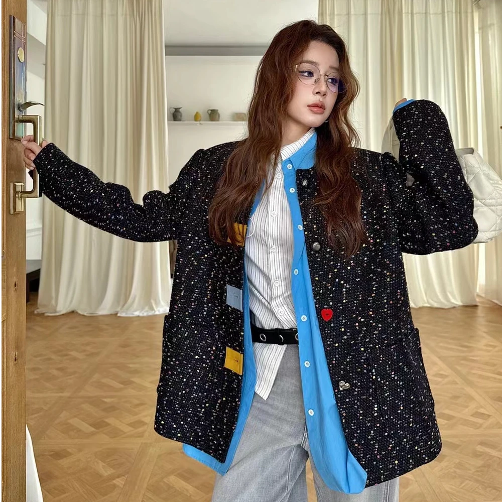 89926复古彩点毛圈小香风外套大衣加厚秋冬