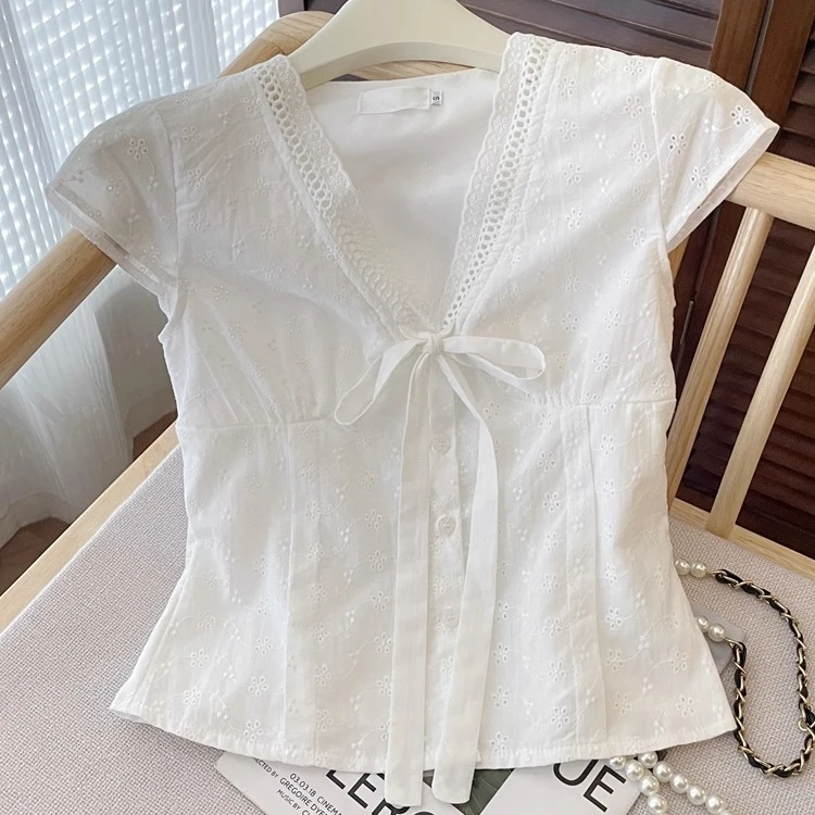 法式复古气质收腰显瘦小衫设计感白色高级感百搭衬衫2025夏季新款