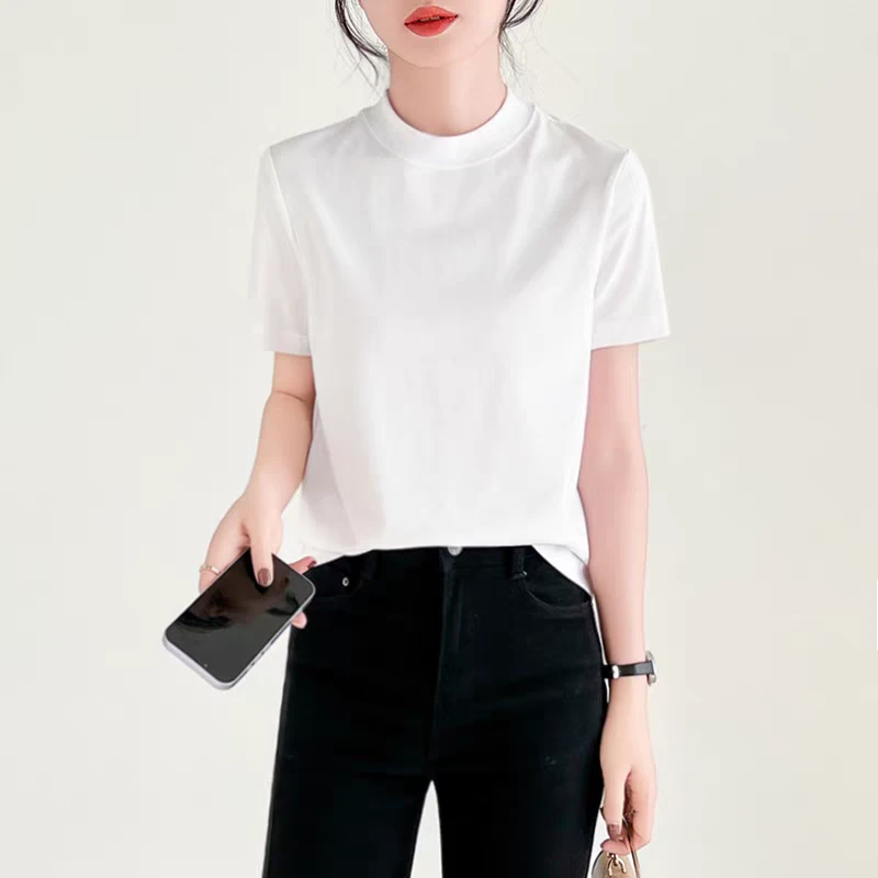 夏季新品女士宽松后中缝立领80支匹马棉T恤