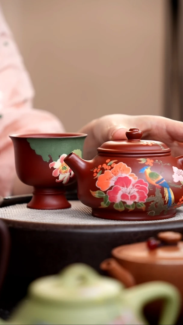 茶壶紫砂朱泥元宝石瓢泥绘花鸟+杯009