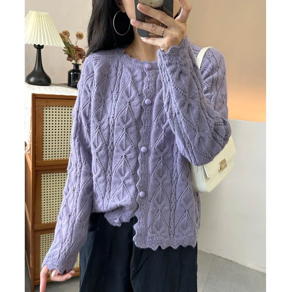 小香风温柔钩花镂空花边圆领针织开衫宽松慵懒风薄秋洋气外套新