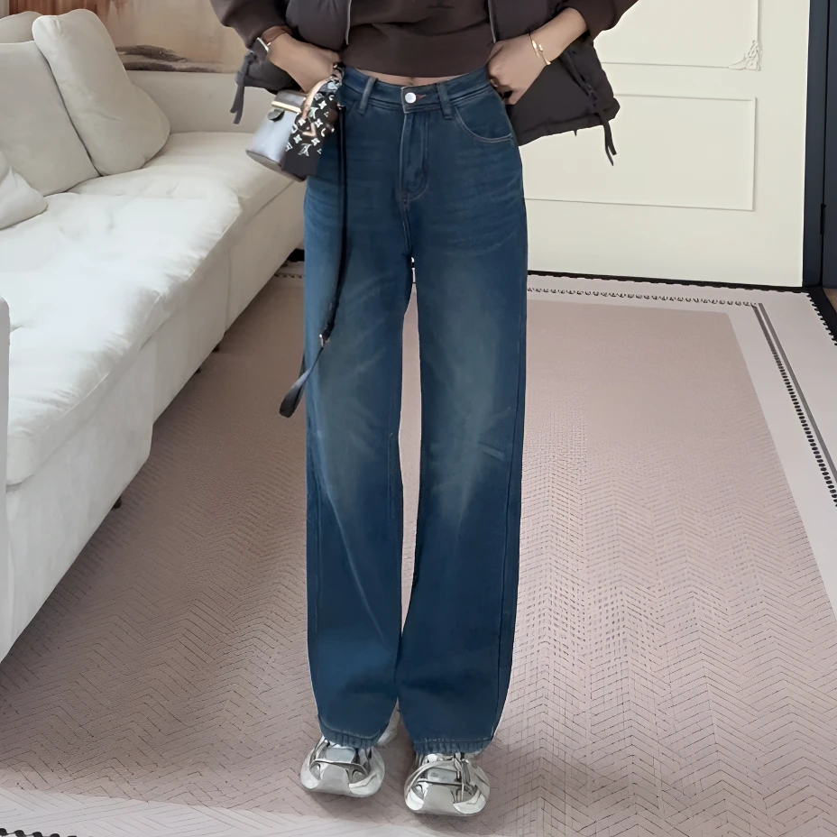 【余欢欢】冬季时尚休闲百搭加绒显瘦高腰阔腿牛仔长裤-YHK50431