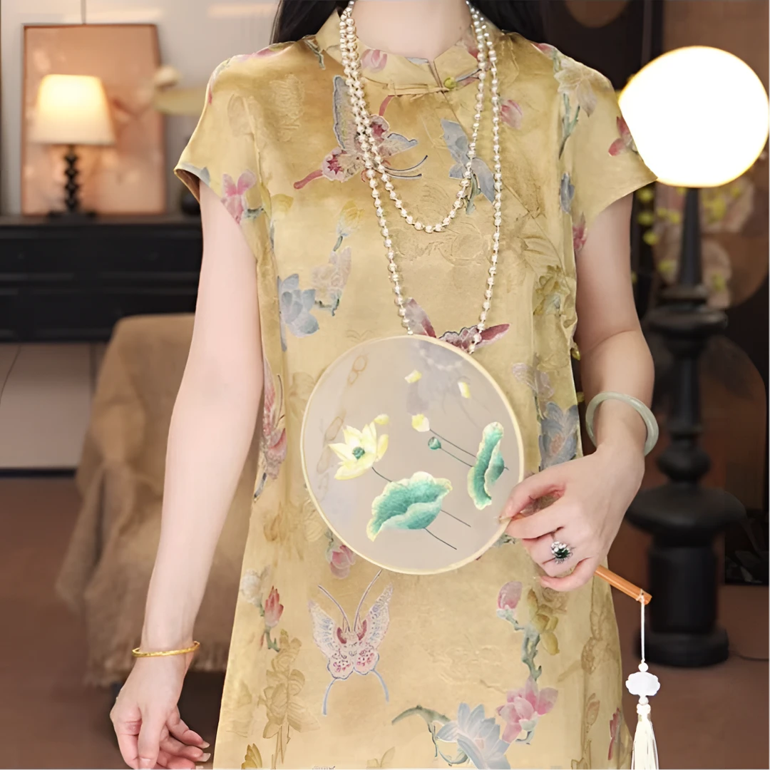 斜襟新中式直襟斜领短袖女装中长款蝴蝶常规款上衣气质时尚黄色