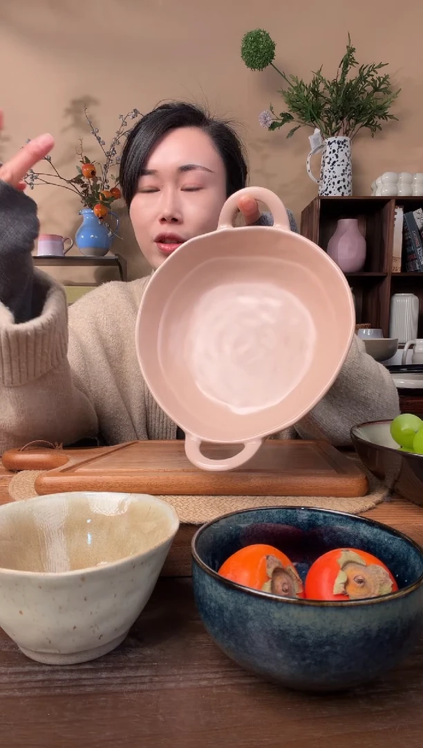 8英寸异形哑光粉双耳碗微瑕