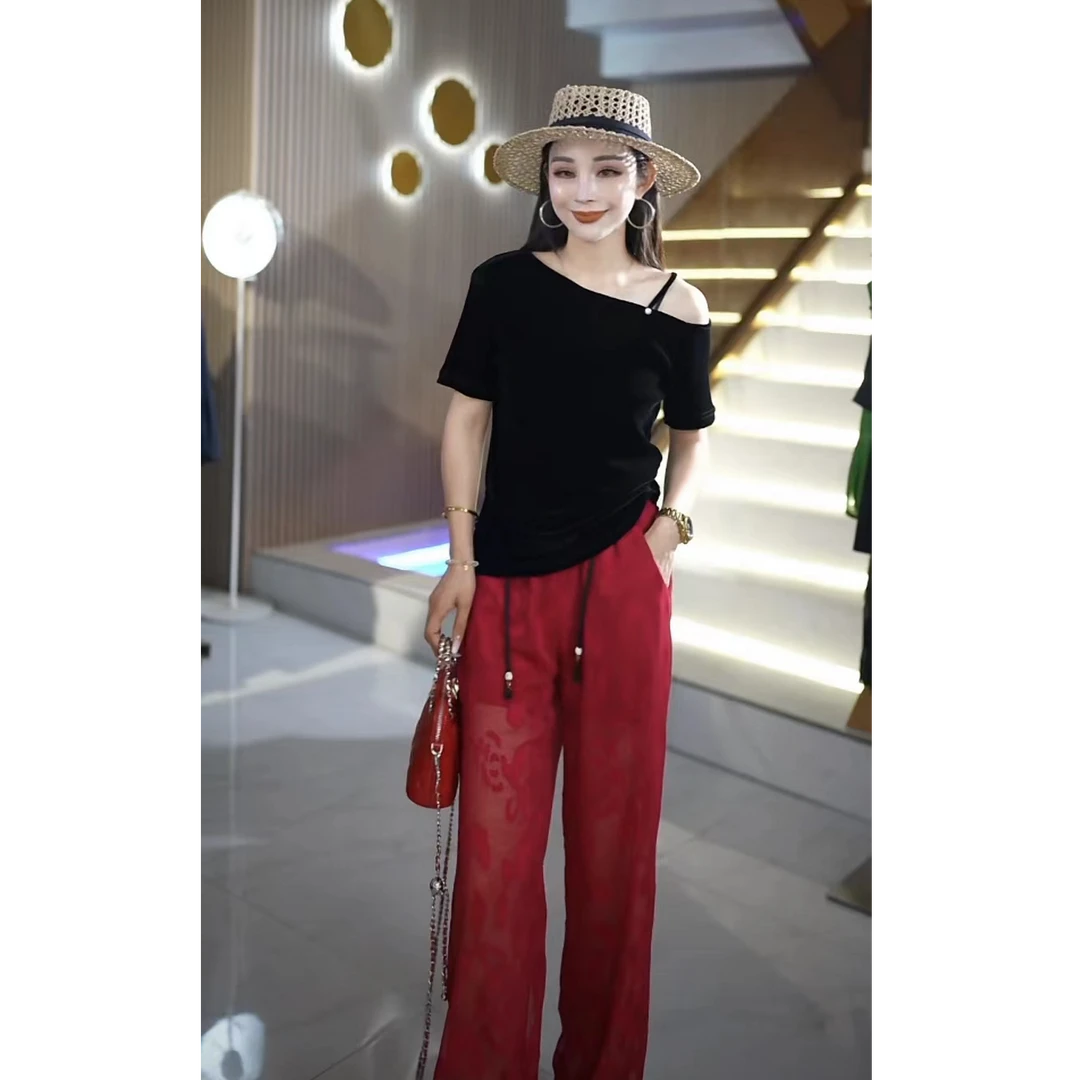 夏季时尚气质百搭女士植绒单边露肩钉珠短袖T恤针织衫2W+9680m