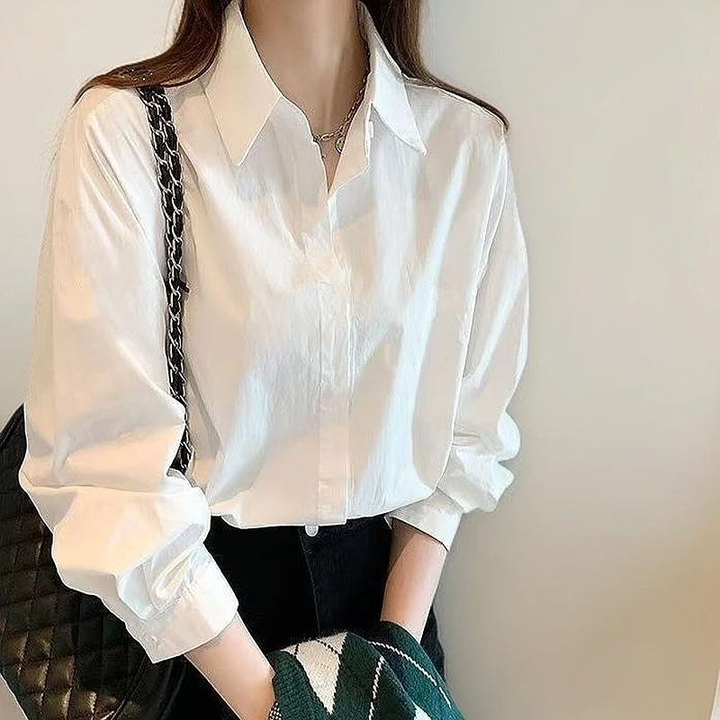 纯棉长袖春秋白衬衫女简约休闲白色衬衣打底百搭气质上衣宽松洋气