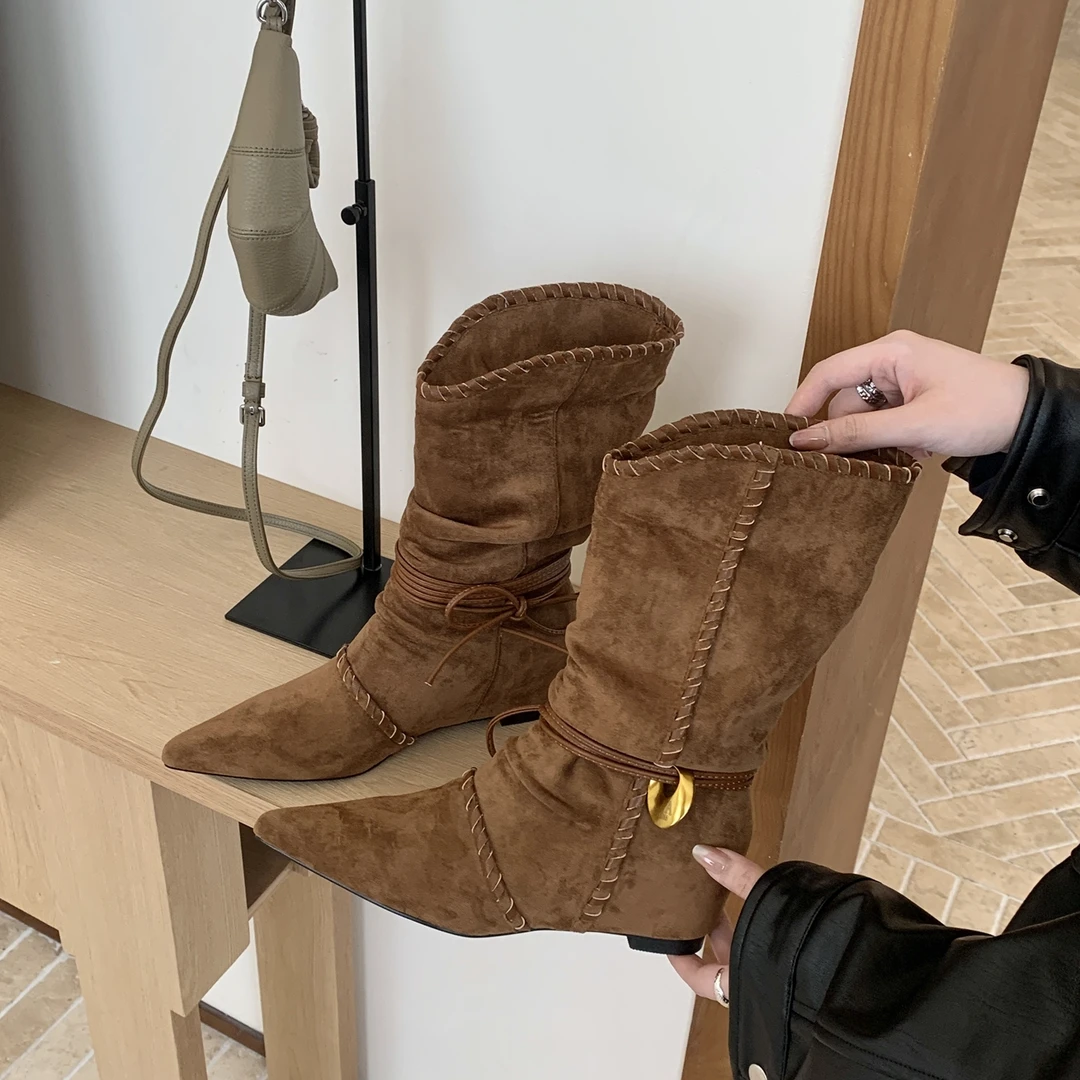内增高尖头绒面瘦瘦中筒骑士靴女靴子2025秋冬季西部牛仔堆堆长靴