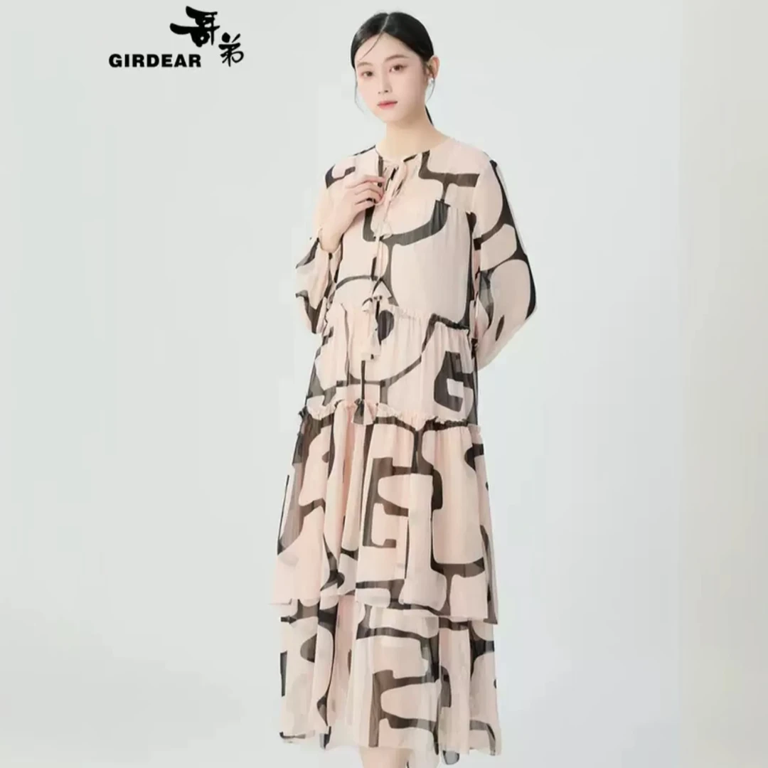 哥弟女装早春款温柔风气质宽松系带两件套印花连衣群长裙1500540