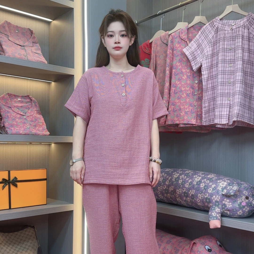 女款 色织双层纱纯棉睡衣家居服短袖长裤两件套四季款可外穿