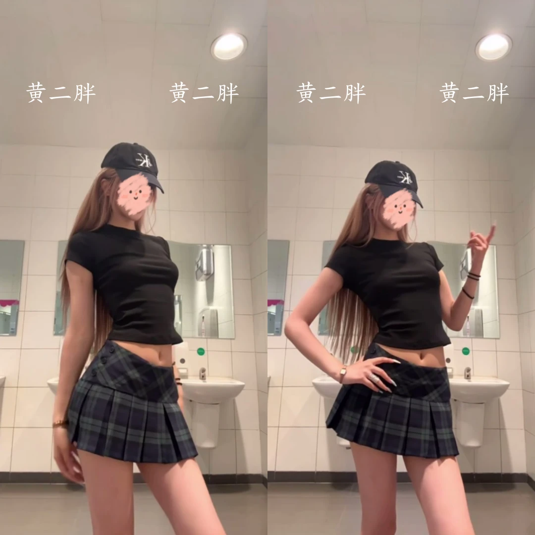 黑色圆领百搭短袖T恤女美式辣妹格纹百褶裙子两件套2025夏季新款