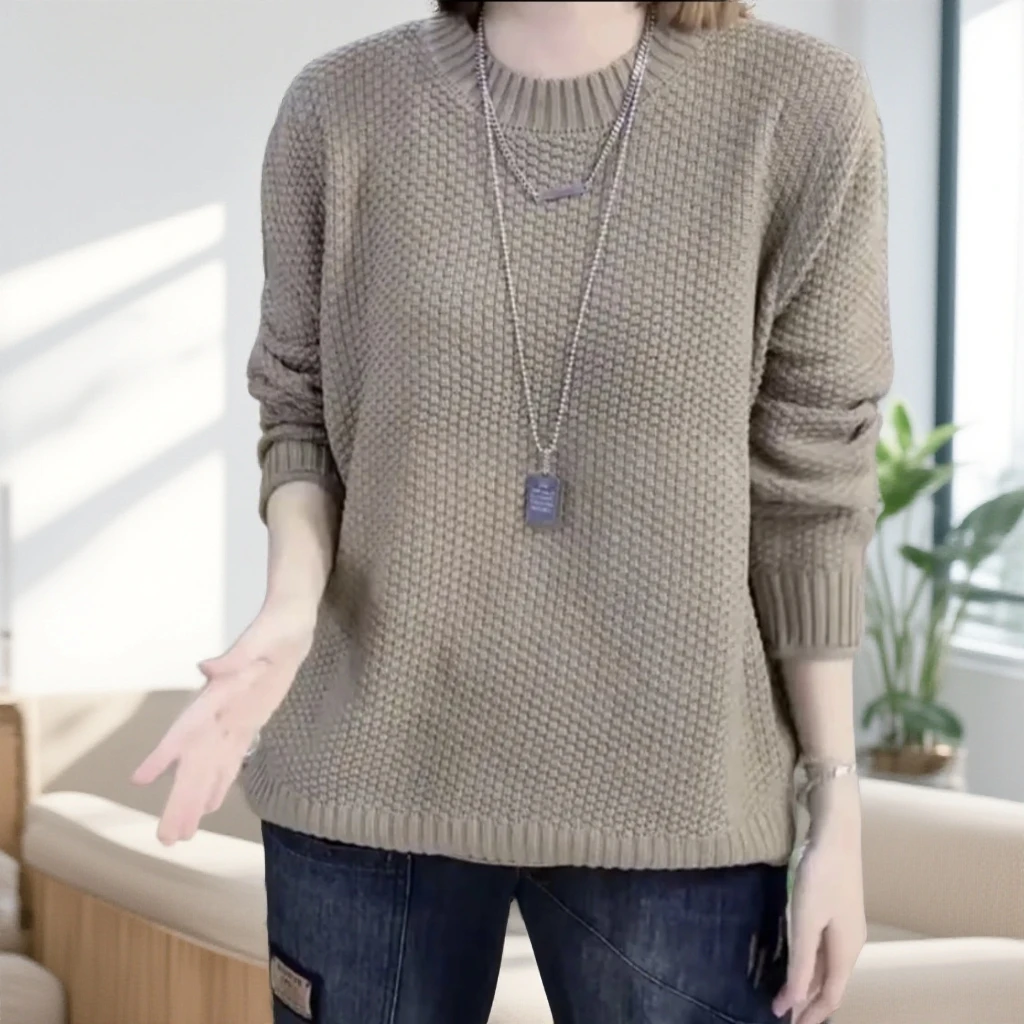 宽松型气质圆领女针织长袖抗起球T恤百搭女士中长款宽松2025