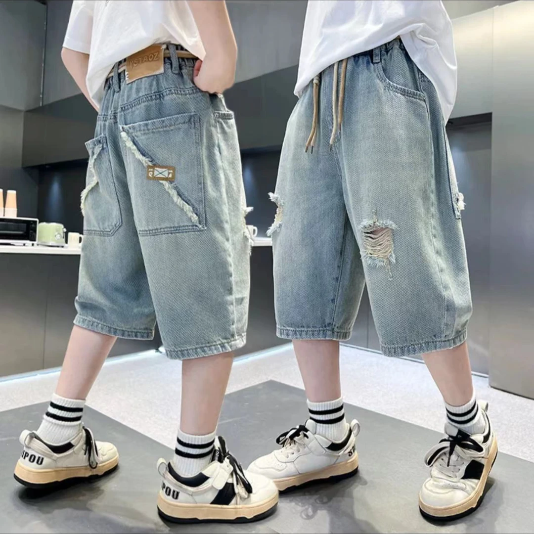 现货【夏季薄款】中大童韩版破洞牛仔短裤时尚宽松休闲00162