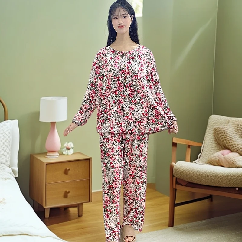 2025爆款棉绸睡衣女时尚印花长袖两件碎花家居服显瘦宽松(Y105)