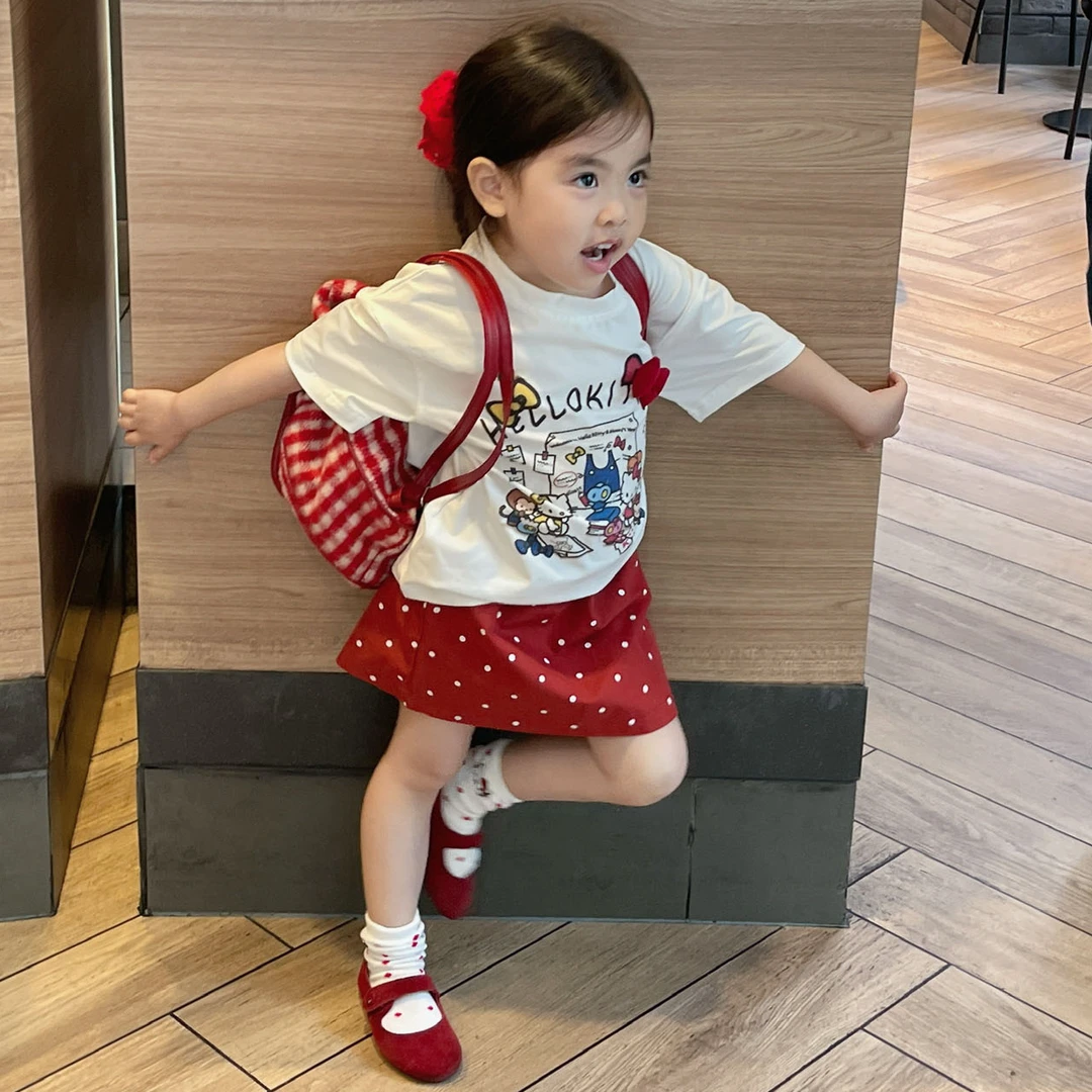 小思家女童2025夏季新款女宝套装韩版卡通猫短袖T恤波点半裙套装