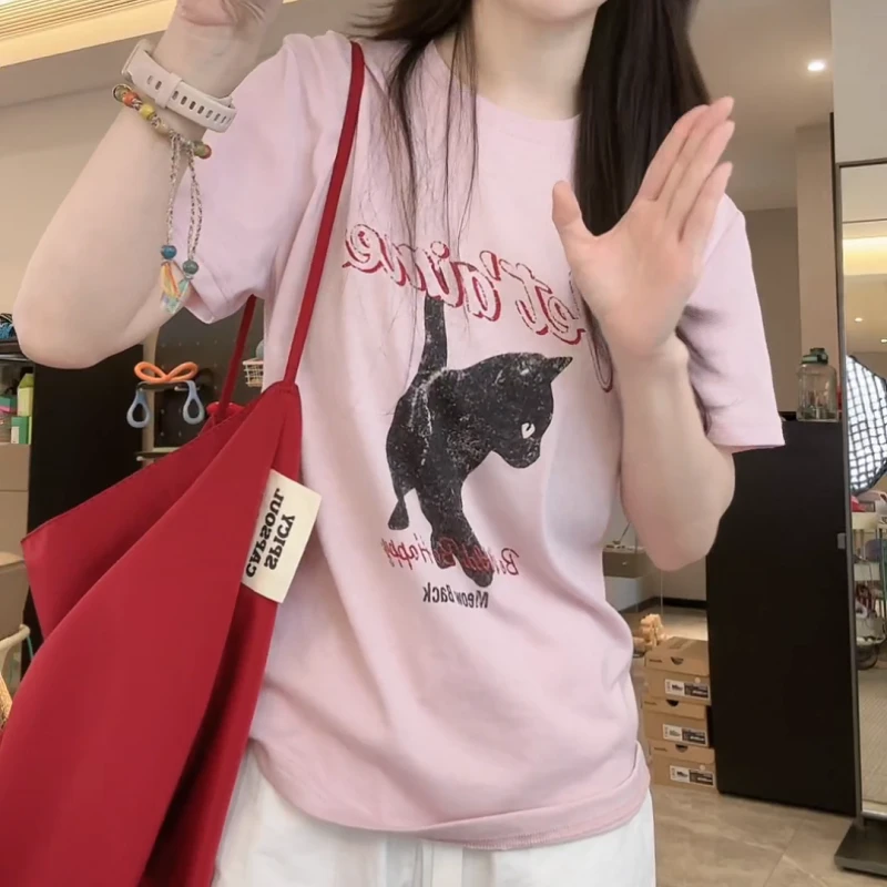 2025夏季新款百搭小猫回头印花T恤休闲短袖LK2504386