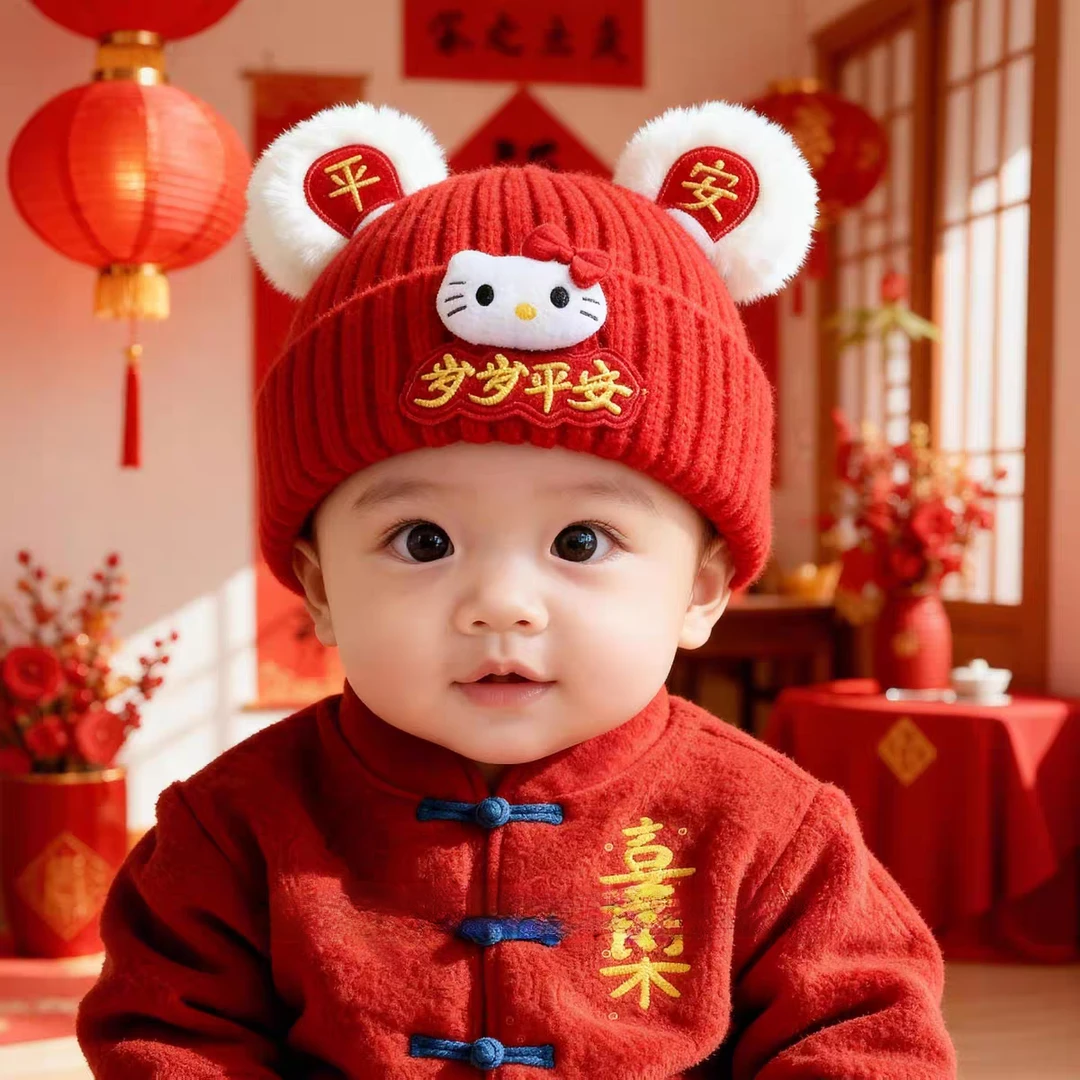 红色针织护耳帽婴儿秋冬卡通毛球保暖儿童喜庆宝宝毛线帽冬季套头