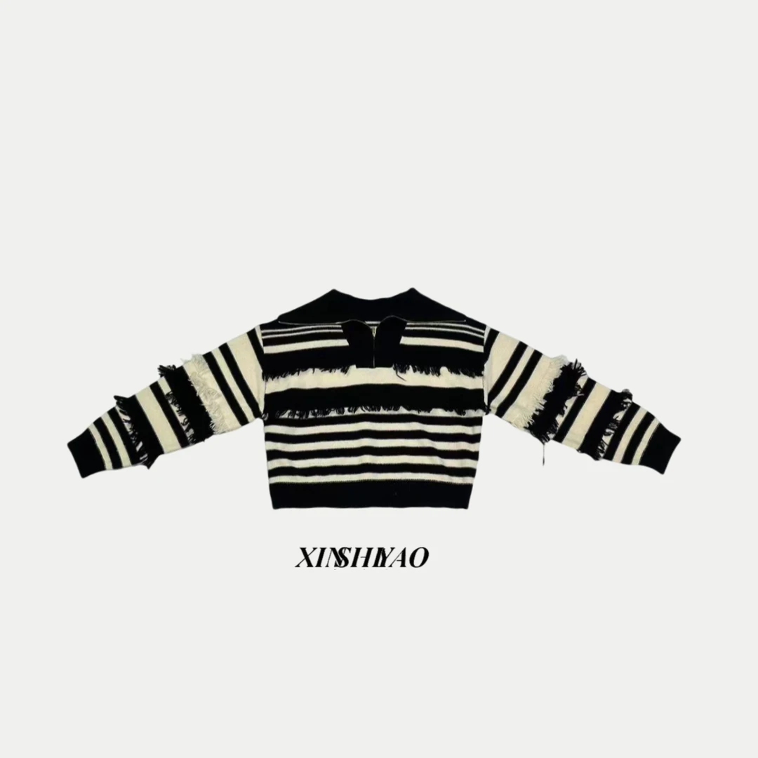 【XSY】小众设计黑白拼接流苏半拉链加绒套头毛衣