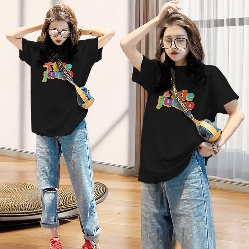 2025新款纯棉宽松大码潮流印花百搭休闲时尚春秋洋气短袖打底衫女