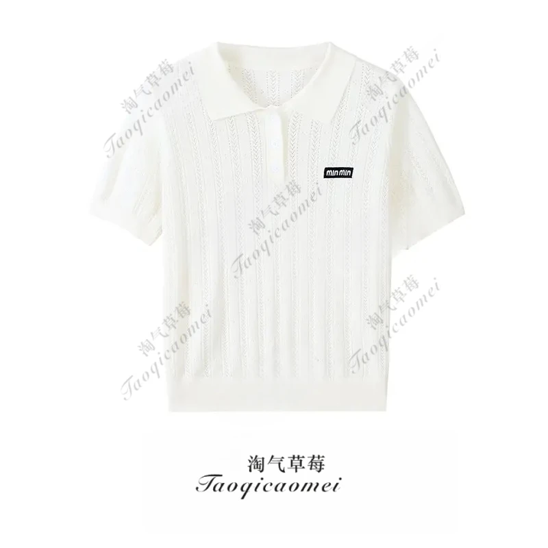 夏季新款镂空莱塞尔天丝针织百搭休闲运动polo领上衣女