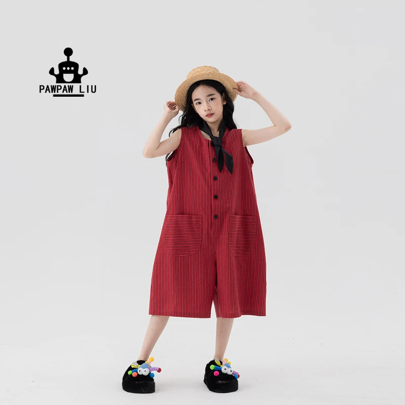pawpaw liu原创设计女童裤子夏2025新款儿童红色条纹大兜连体裤潮