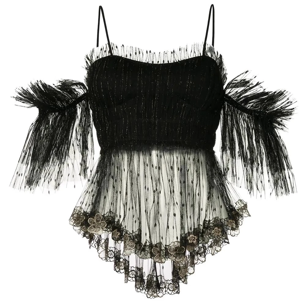 【颖三三福福款】性感蕾丝镂空吊带一字领金线刺绣花边飞飞袖上衣