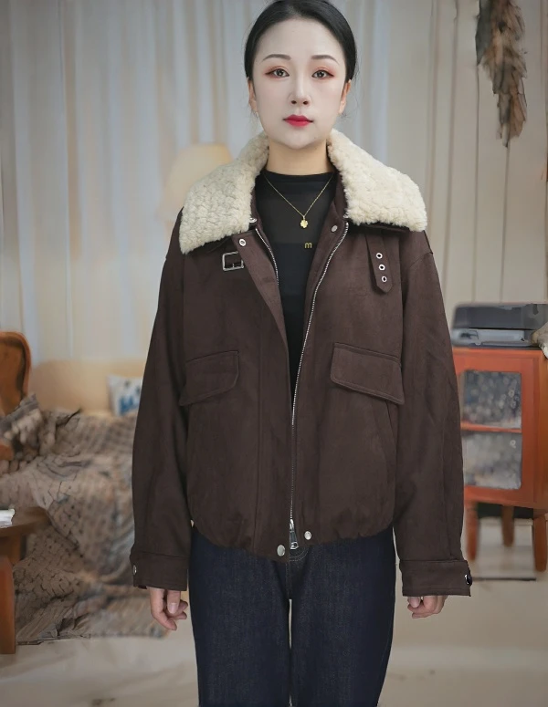 羊羔绒翻领女美拉德风冬季短外套秋冬短款加厚拼接宽松2025新款