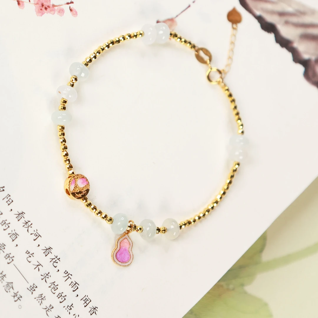 【周大金玉石】18K翡翠白冰玫瑰葫芦手链-S1546-臻