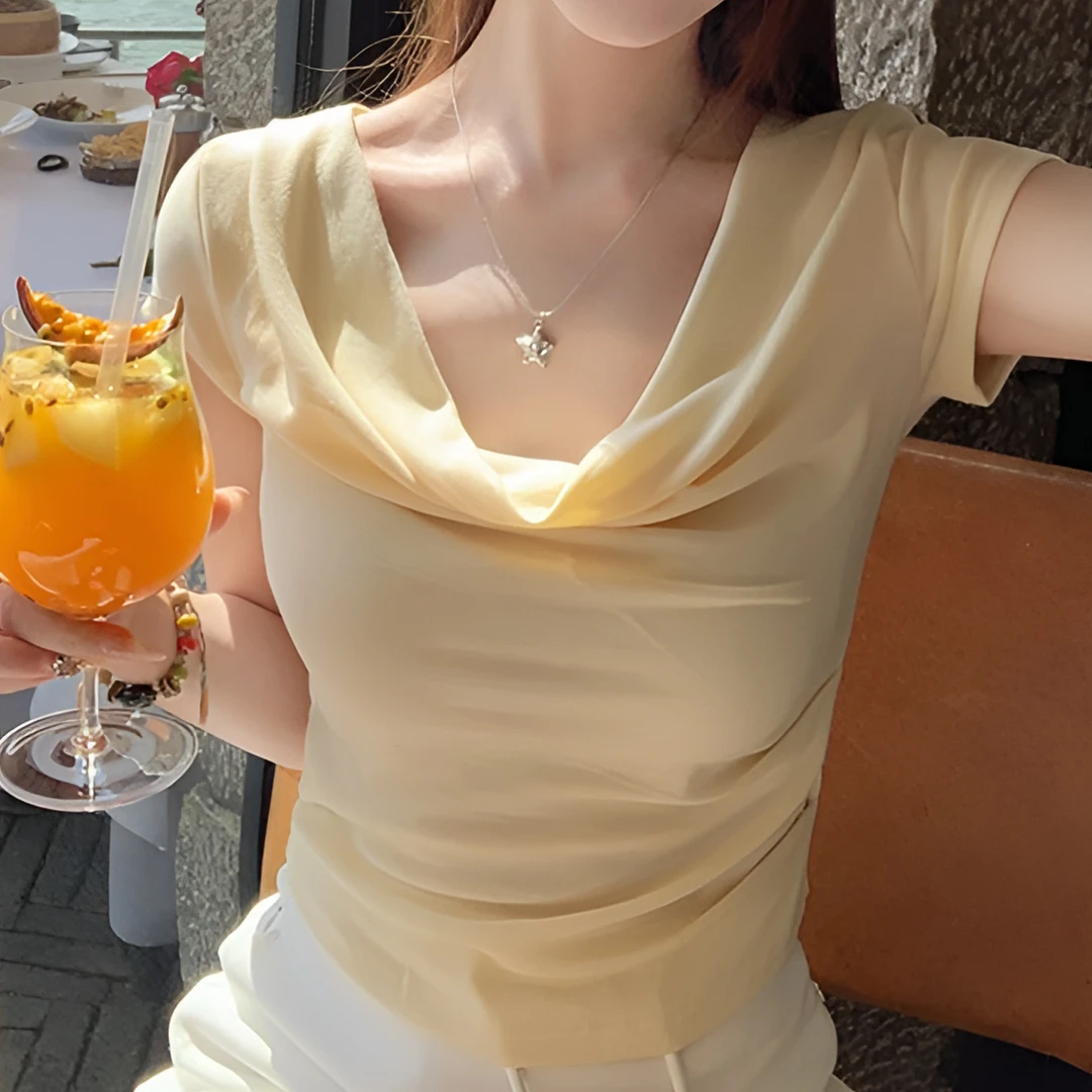 设计感法式荡领短袖t恤女2025年新款修身纯欲风一字肩上衣