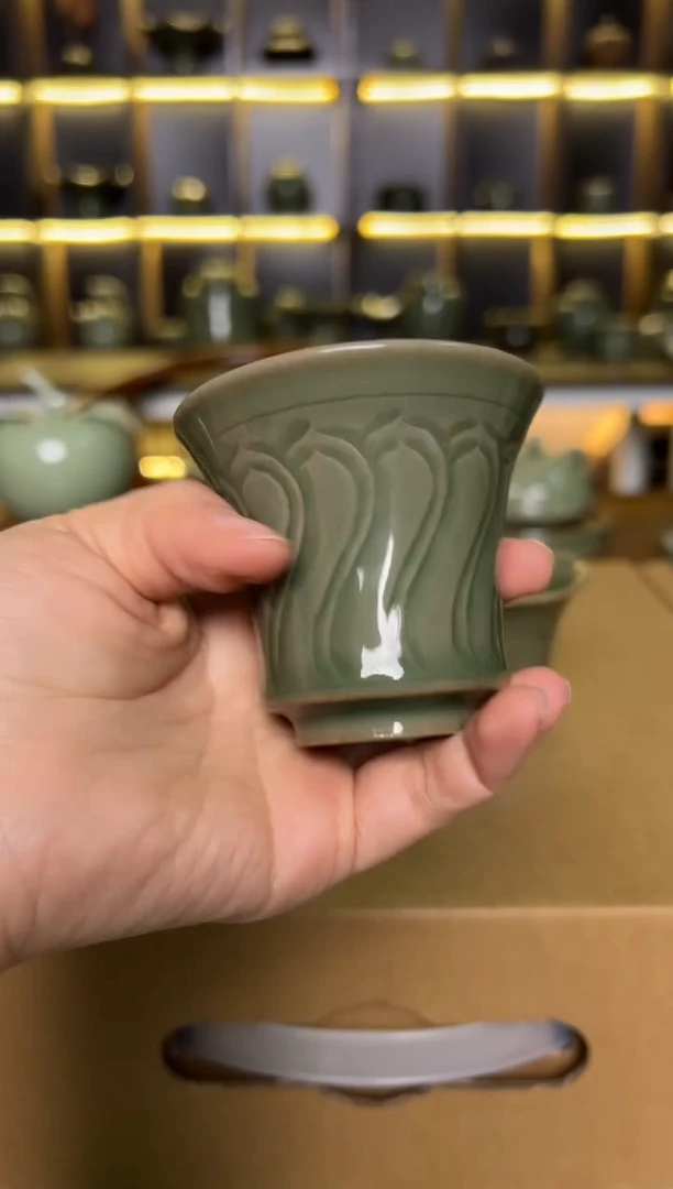瓷片纯手工折扇纹闻香杯正品