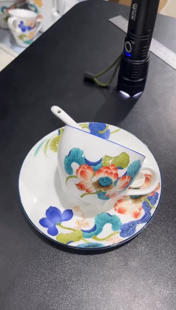 杯子骨瓷（简装）荷花咖啡杯碟一套+小勺