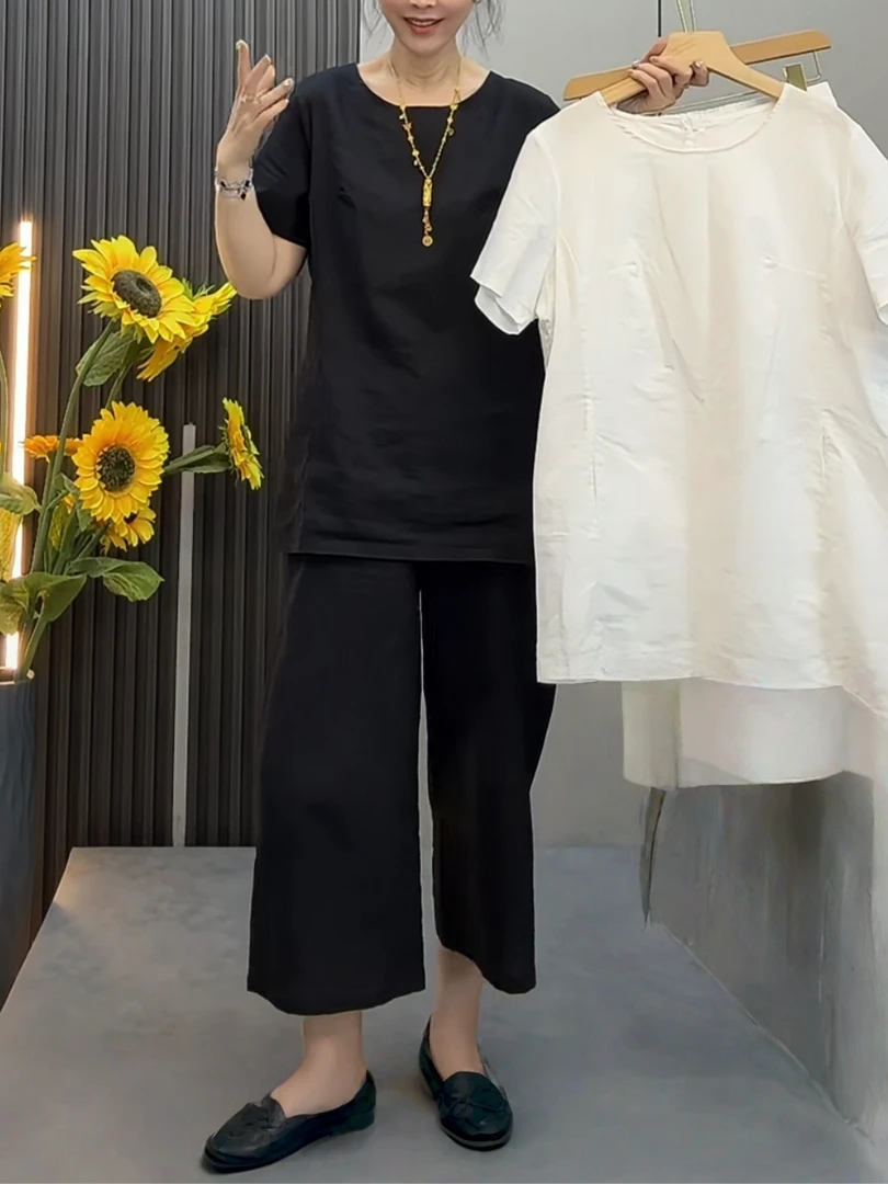夏季新款极简风透气轻薄棉麻套装半袖开叉上衣九分阔腿裤显瘦穿搭