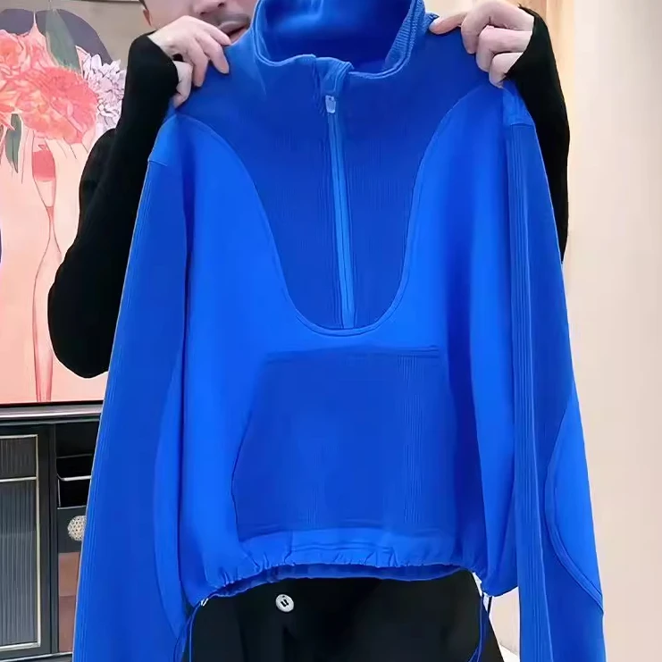 蓝色宽松洋气立领卫衣早秋新款时尚设计感半拉链长袖撞色休闲上衣
